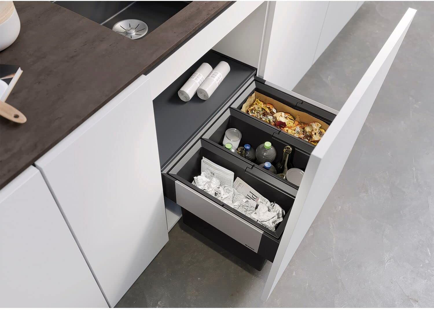 BLANCO SELECT II 60/3 | Abfall Müllsystem | für 60 cm breite Unterschränke | Auszugssystem zur Frontanbindung | Systemabdeckung | 3 x 15 Liter Eimer | 400mm Auszugstiefe | [56,8x40x36,1 cm]