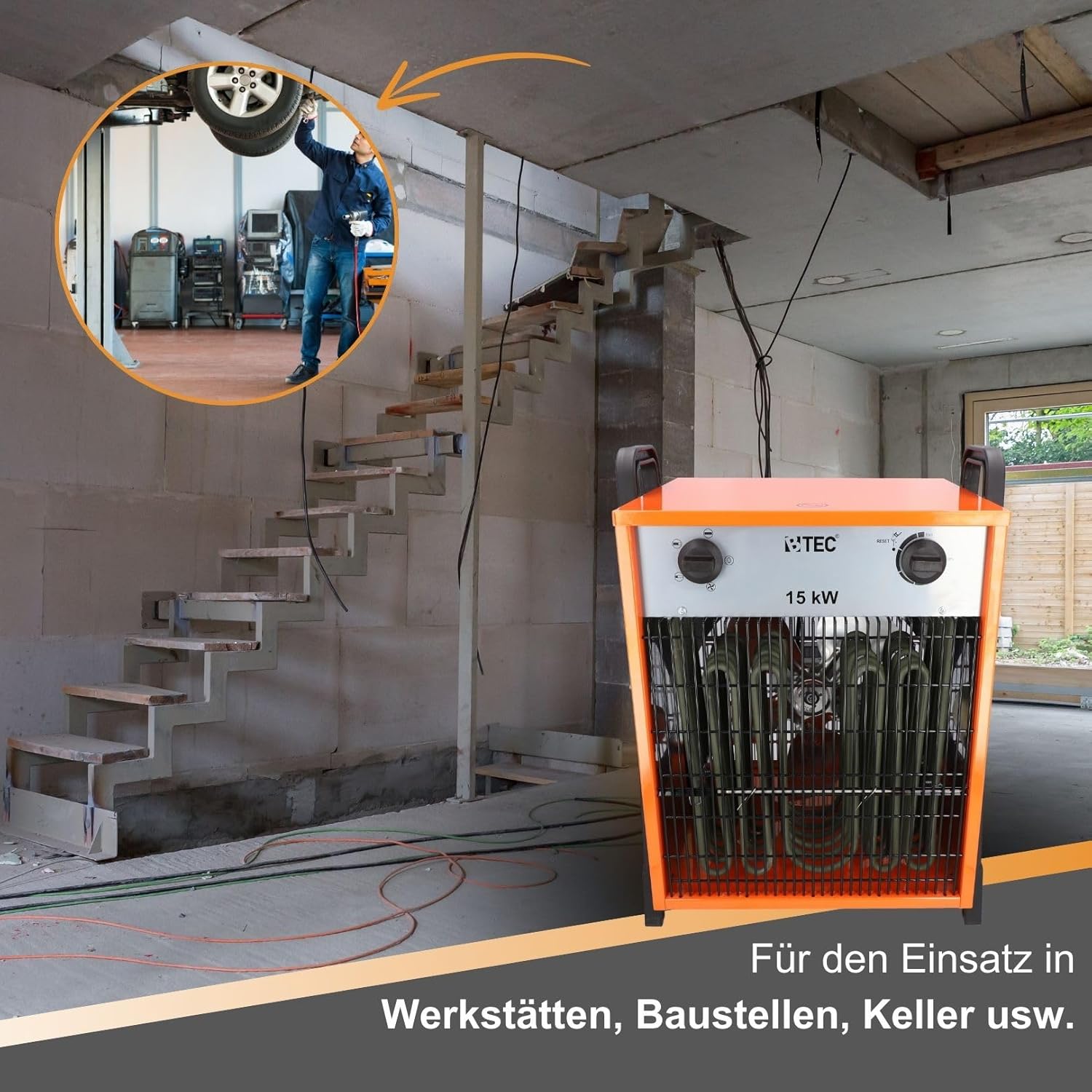 BTEC Heizlüfter 15000 Watt - Elektroheizer - 3 Heizstufen - Frostwächter - Perfekt für Baustelle, Werkstatt, Garage - Heizstrahler - 15kW Heizer