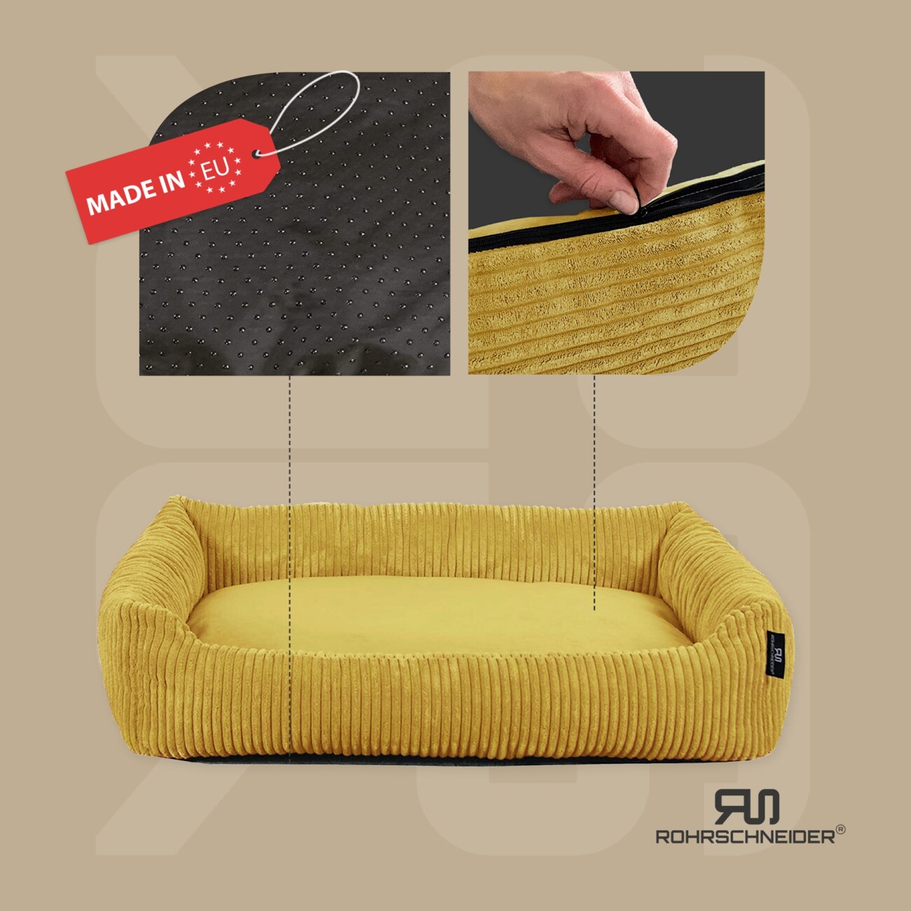 Rohrschneider Hundebett waschbar, robuster Breit-Cordstoff mit Gratis-Beigabe