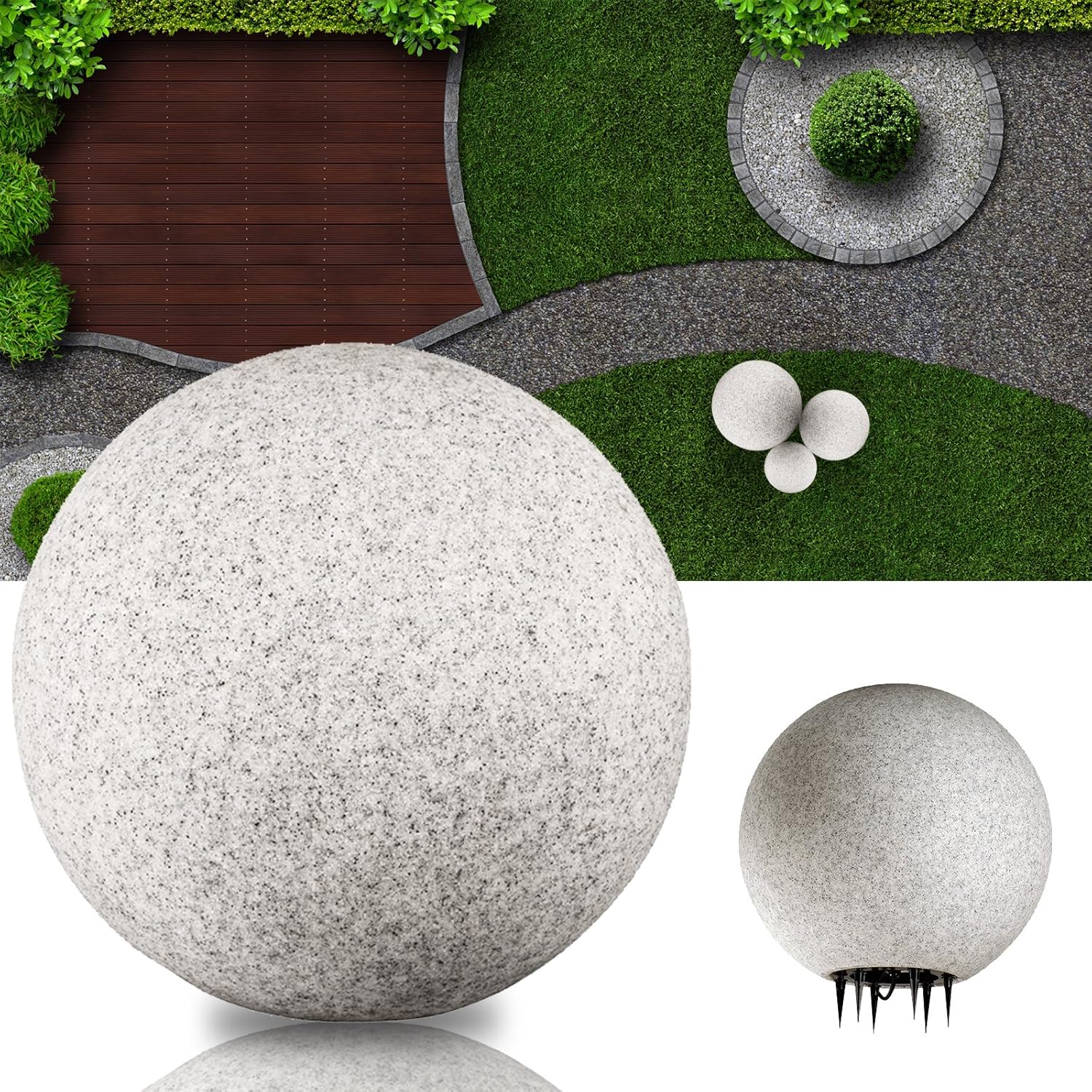 Stone IP65 Kugelleuchte für Garten - 3er Set 20+30+40 cm Kugel Außenleuchte Naturstein Optik E27 230V - mit LED 9W - Erdspieße - außen