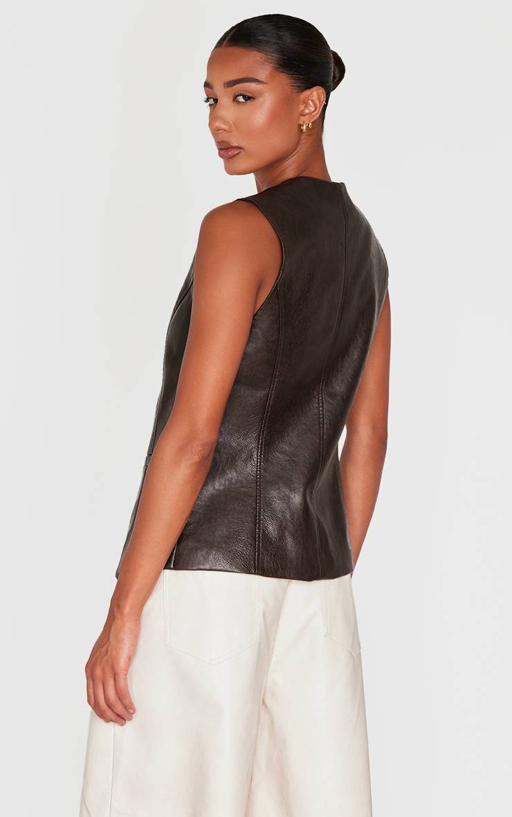 Marron Gilet Long Boutonné En Synthétiquecuir