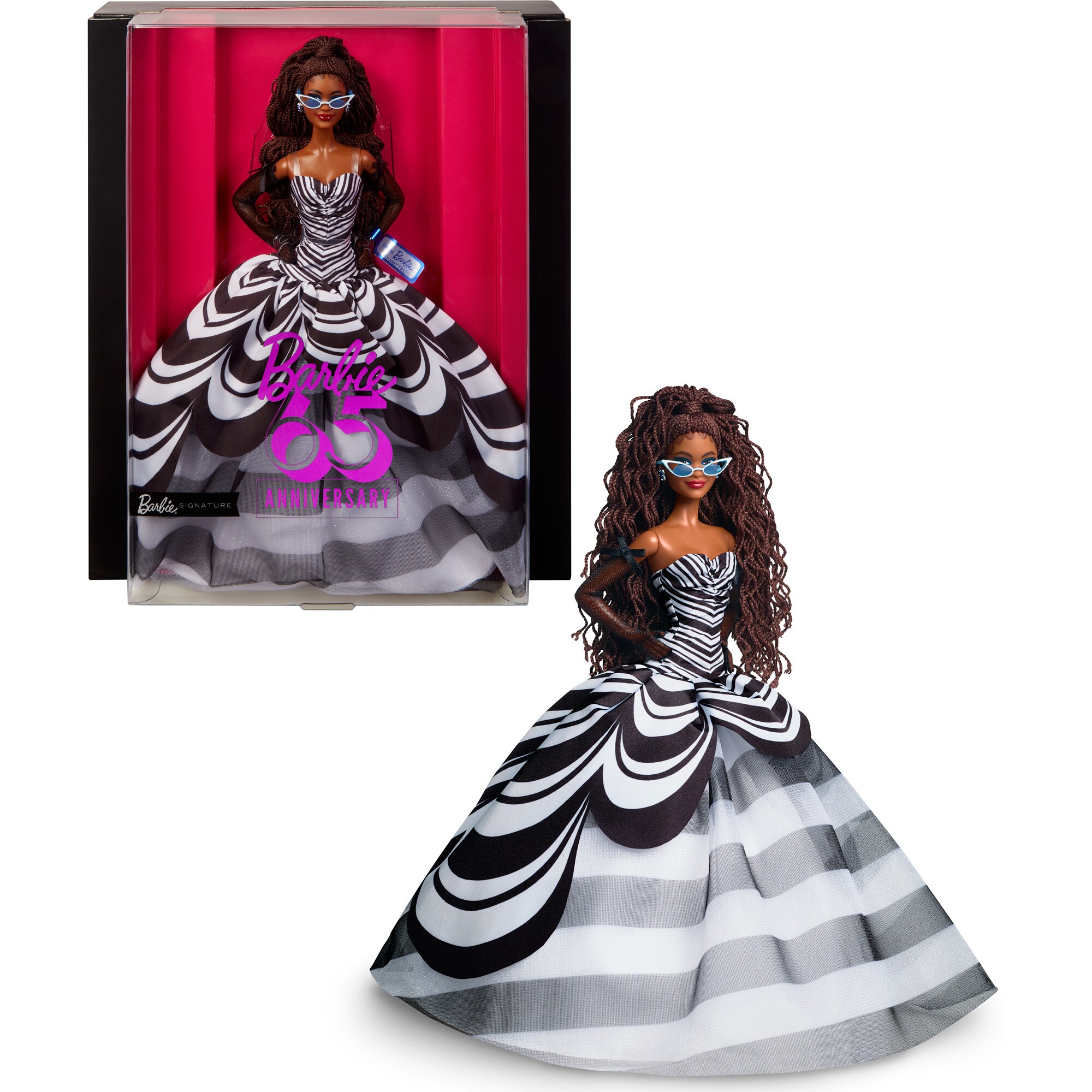 Mattel Puppe Barbie Signature Sammelpuppe zum 65. Jubiläum mit braunen Haaren und schwarz-weißer Robe
