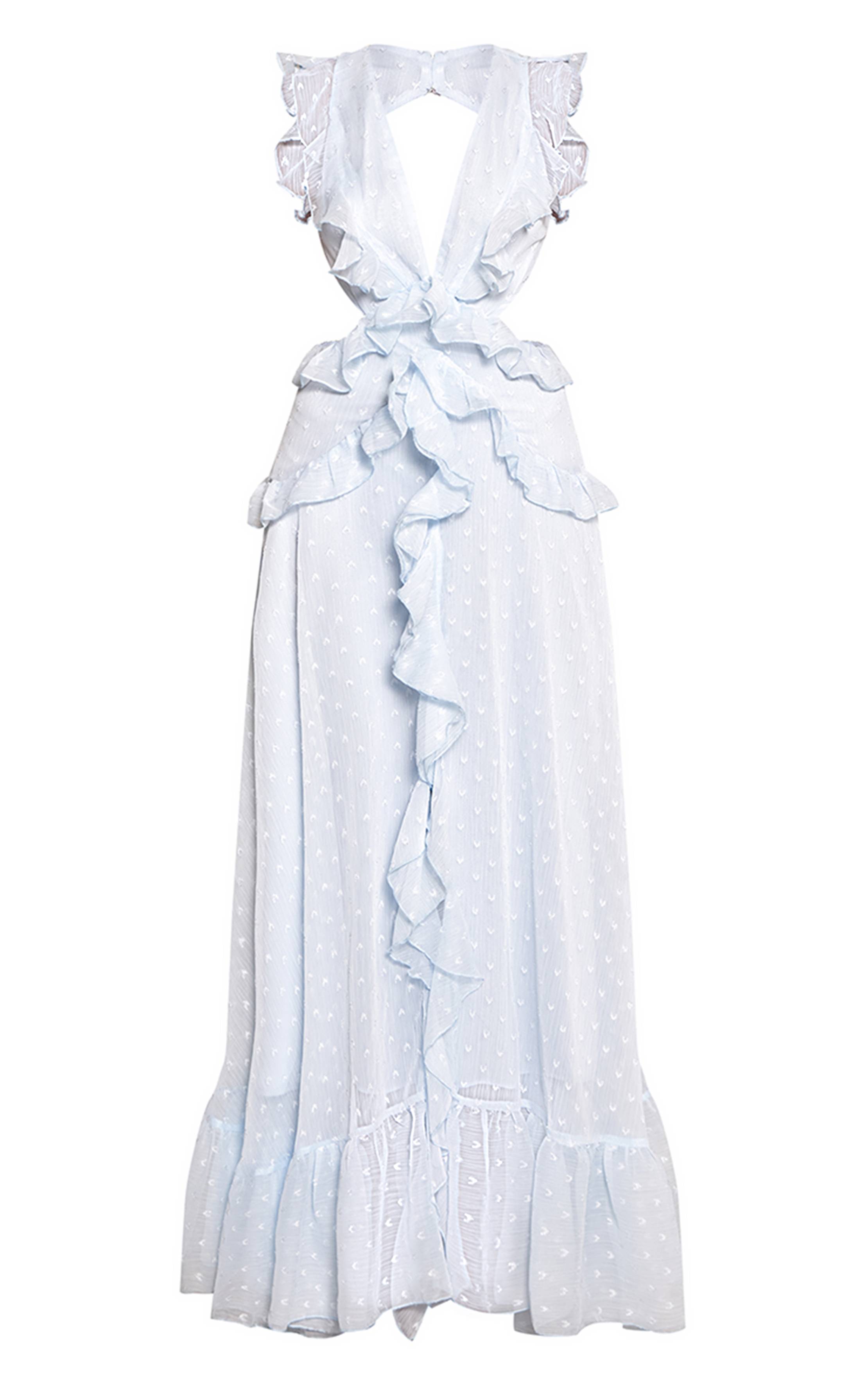 Bleu Robe Longue À Volants Et Décolleté Plongeant