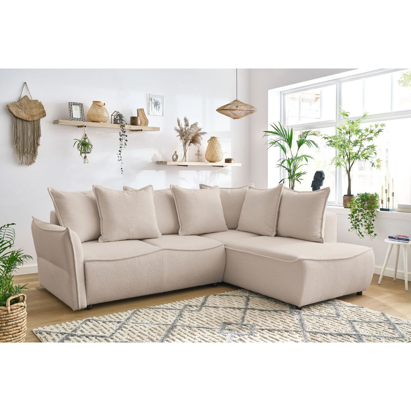 Bobochic Canapé d'angle L droit convertible bouclette Léon beige - 257x90x194 cm