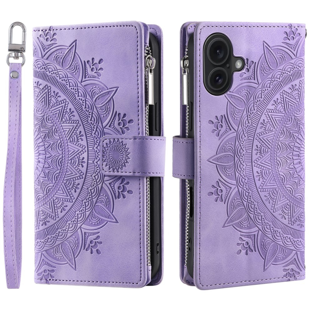 iPhone 16 Leder Tasche Flip Cover mit Reissverschluss - Mandala Flowers Imprint - Lila