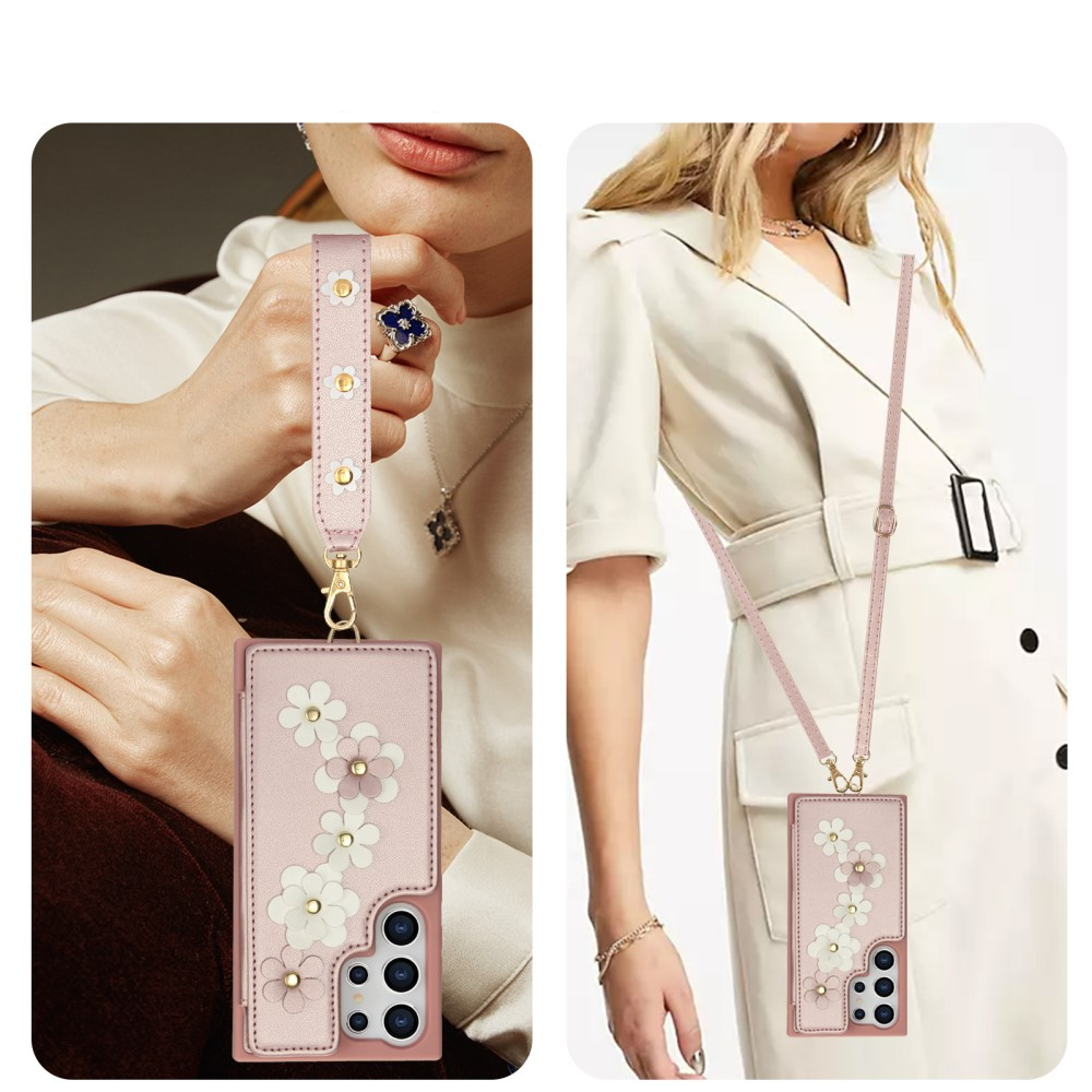 Samsung Galaxy S25 Ultra Necklace Leder Schutz Hülle mit Kartenfächer Blumen   Handykette (140cm) - Roségold