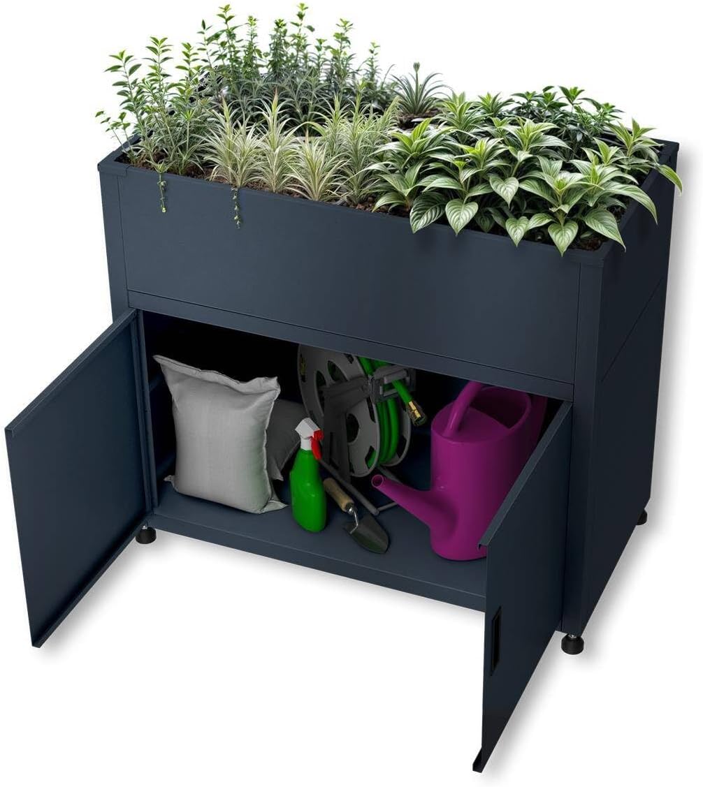 Metzler Hochbeet für den Garten mit Stauraum – Pulverbeschichteter Stahl in Anthrazit RAL 7016 | Witterungsbeständiges Metall-Gartenbeet, Pflanzenbeet, Blumenhochbeet | 100 x 90 x 50 cm