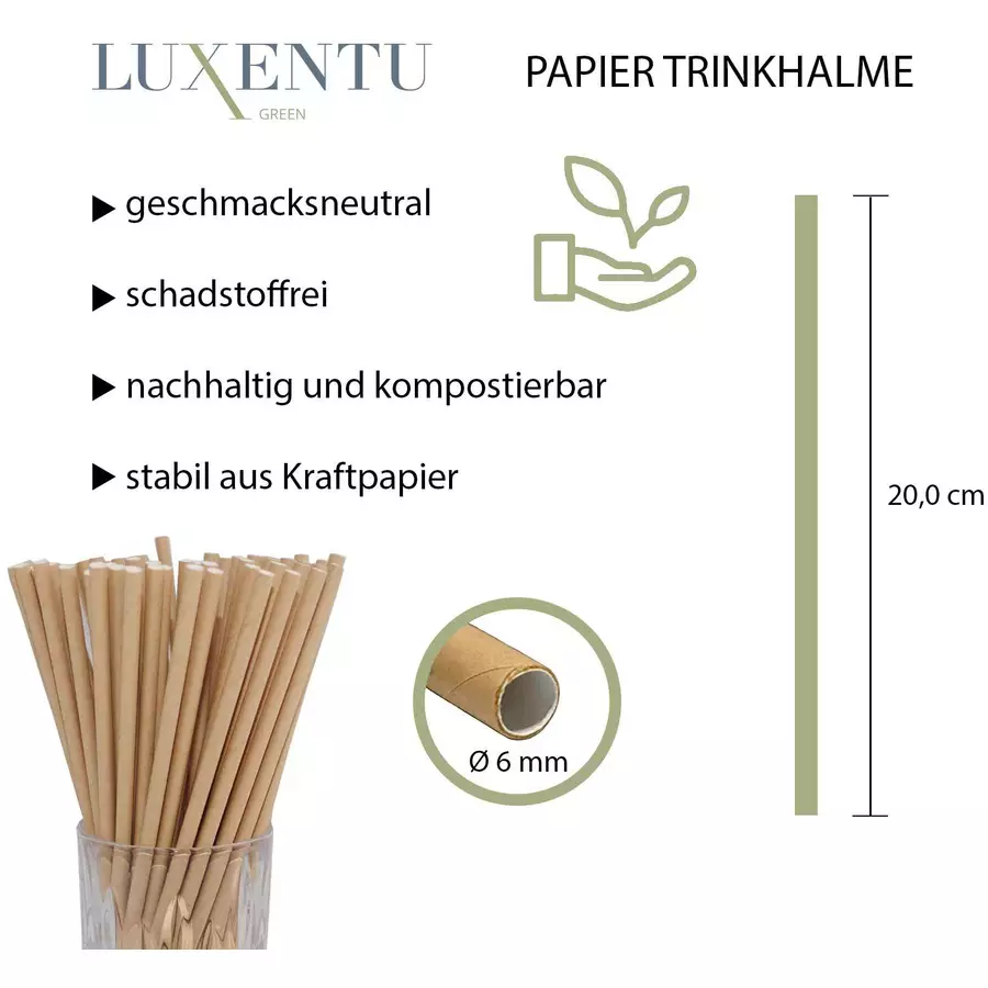 Luxentu Papier-Trinkhalme einfarbig 20 cm 100er Set beige, natur