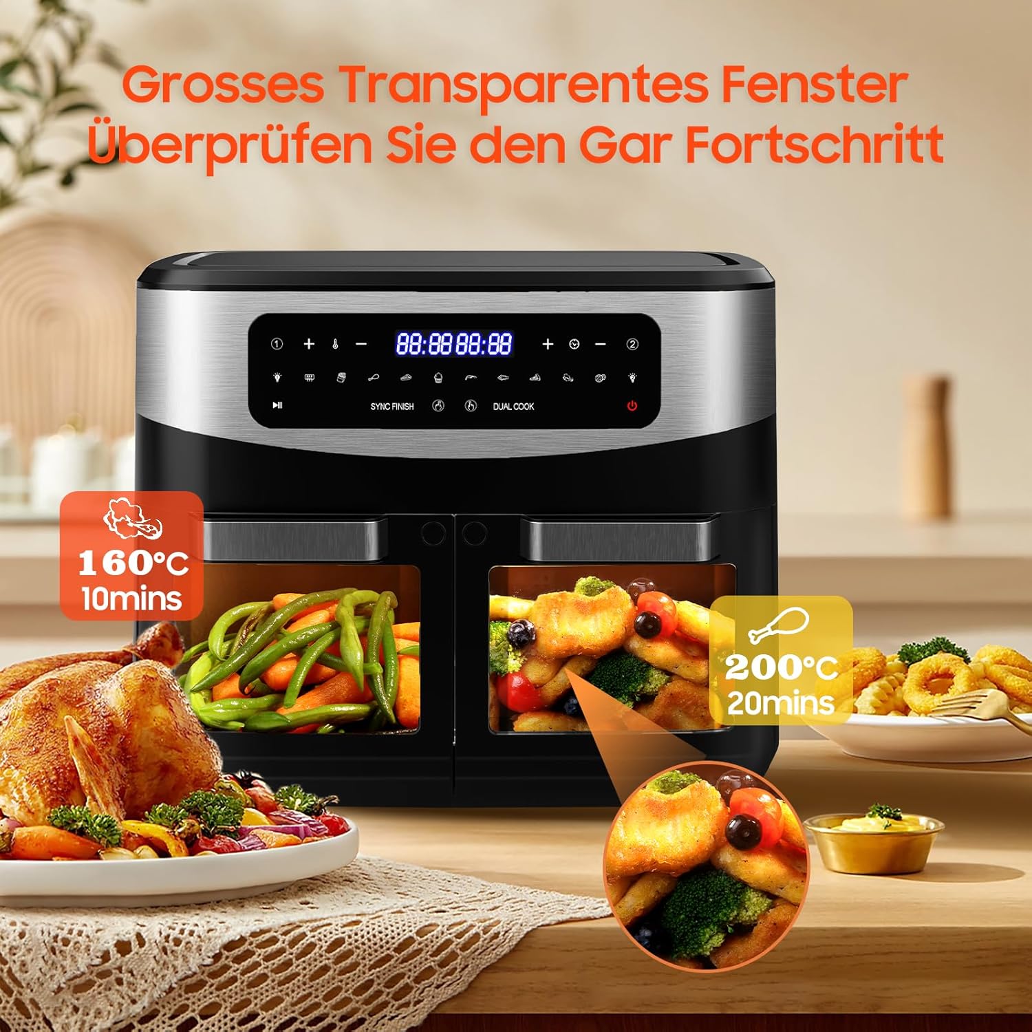 Heißluftfritteuse Dual Zone 12L - XXL Airfryer mit herausnehmbarem Trenner, 2600W Heissluftfritteuse Doppelkammer mit Doppelfenster, 10 Funktionen, Rezepte