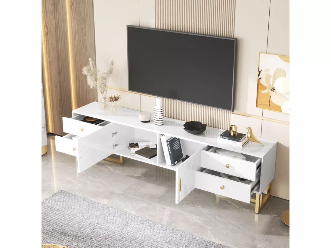 Meuble TV 175x30x46cm, panneau bas avec porte texturée, iroirs, poignées dorées et pieds dorés, blanc