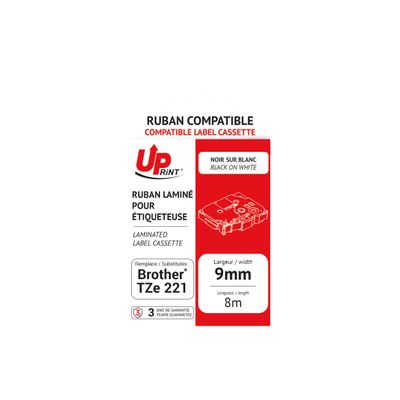 Uprint - Ruban d'étiquettes auto-adhésives pour Brother TZe221 - 1 rouleau (9 mm x 8 m) - fond blanc écriture noire