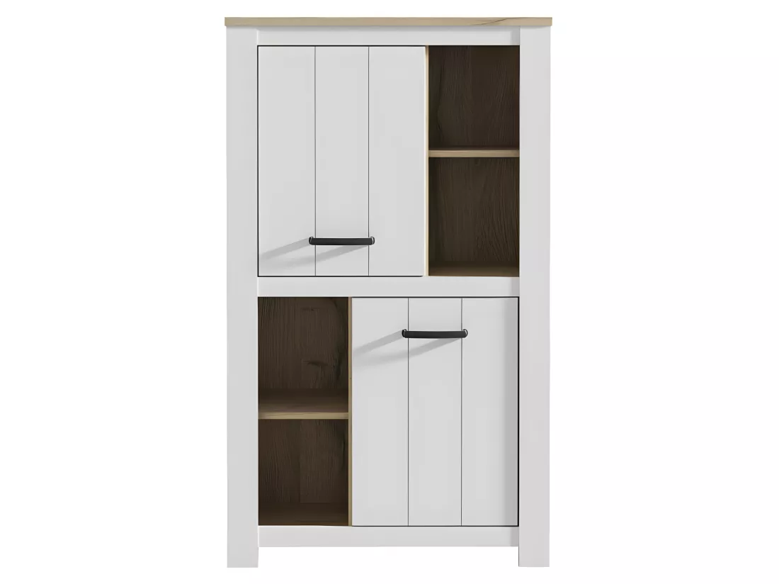 Vaisselier 2 portes 4 niches blanc mat décor bois poignées noir - LEANE