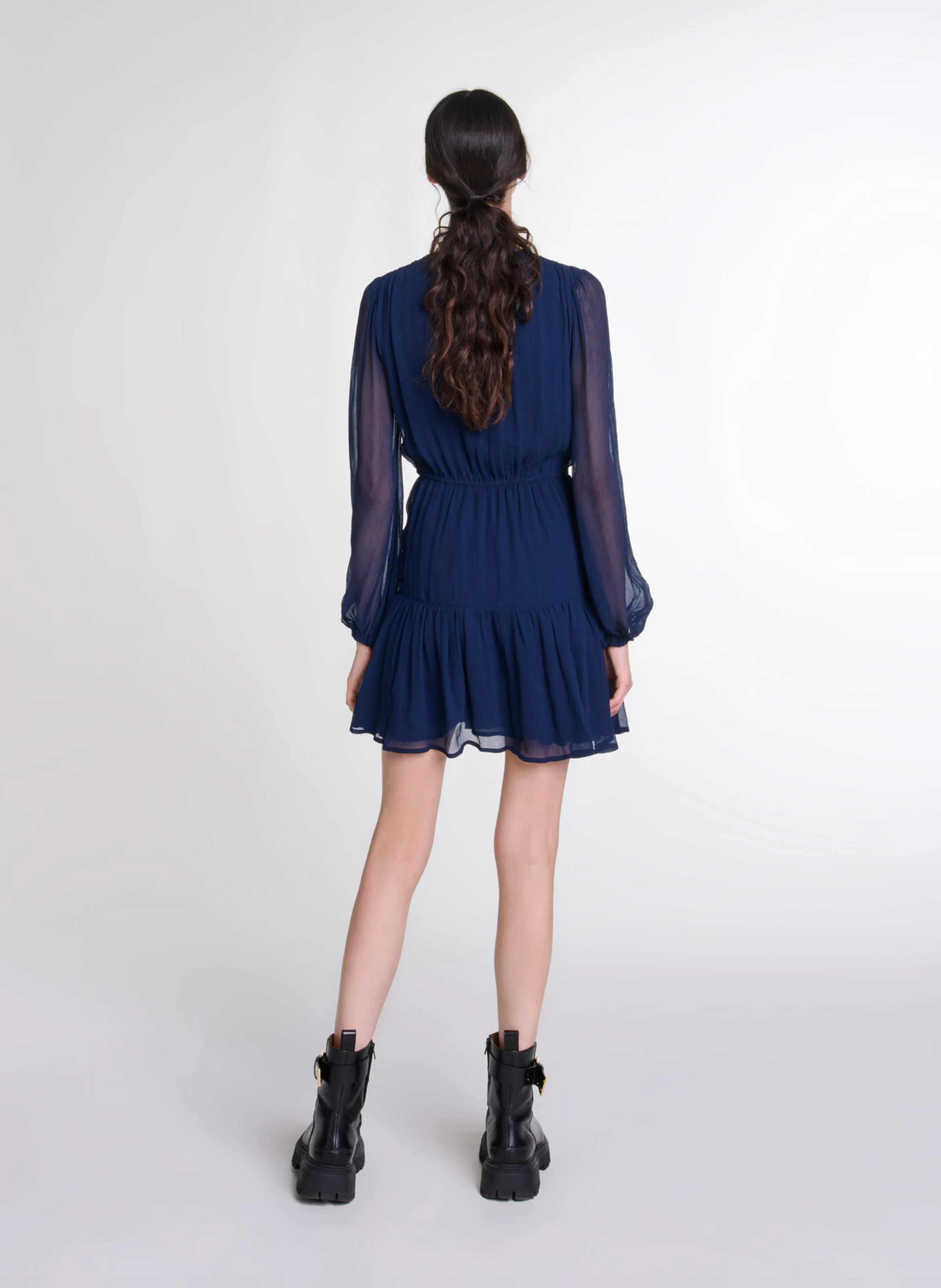 Robe courte volantée col V | Bleu