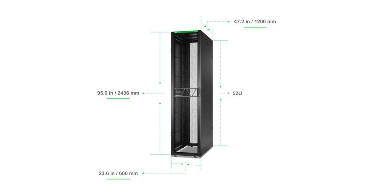 APCNetShelter SX AR3308B2, Gen 2, 52U server rack  (Zwart/groen, 2436H x 600W x 1200D mm, met zijpanelen)
