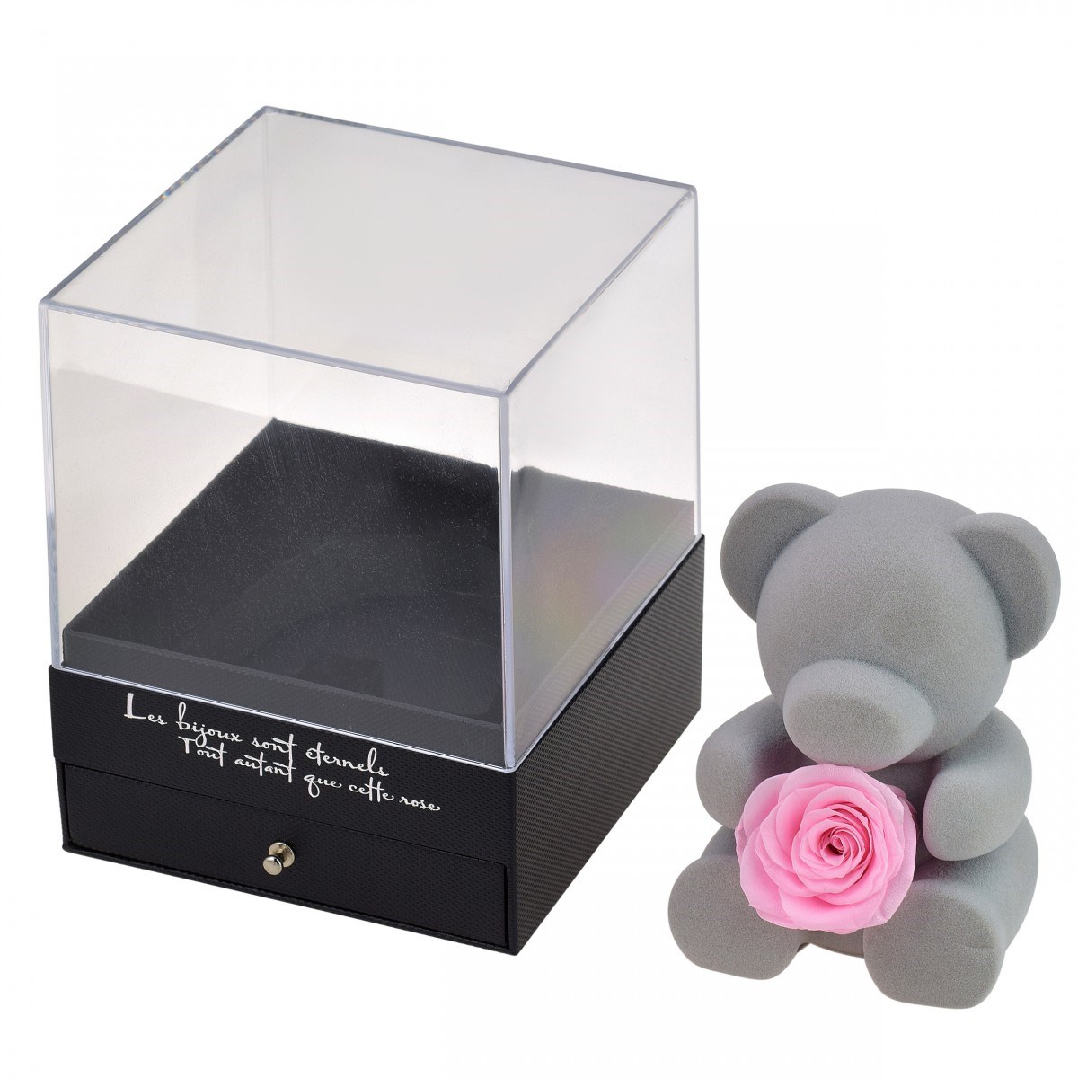 Coffret à bijoux ourson et rose éternelle rose