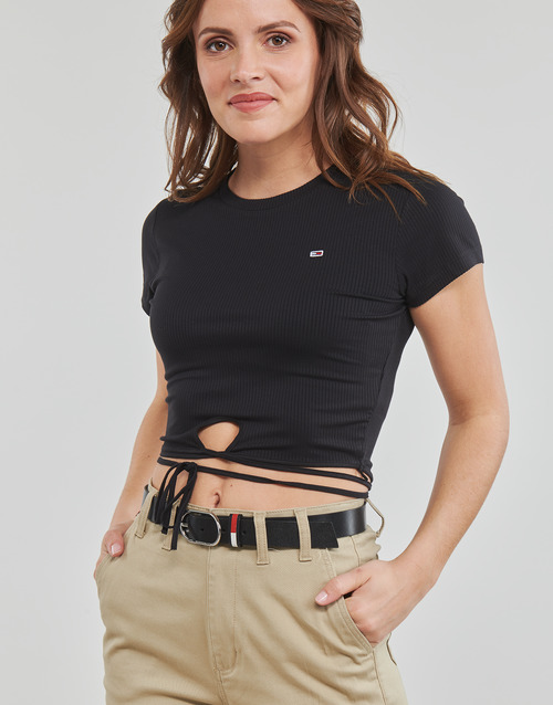 Tommy Jeans - TJW CROP STRAP RIB FRONT KNOT SS - Noir