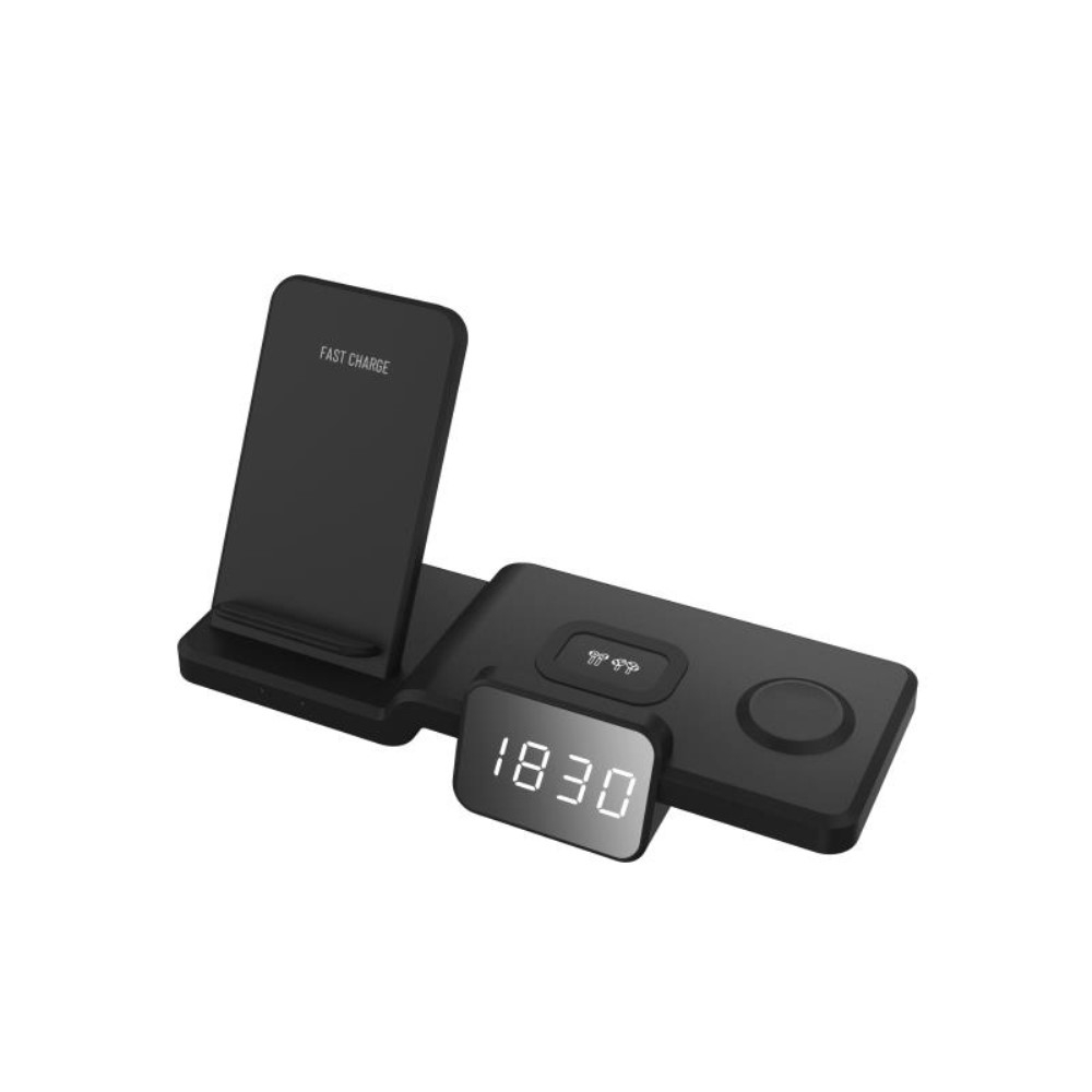 (15W) 4in1 Qi Wireless Fast Charging Ladegerät Ständer Dockingstation Apple Watch / Smartphone / AirPods mit Zeitanzeige - Schwarz