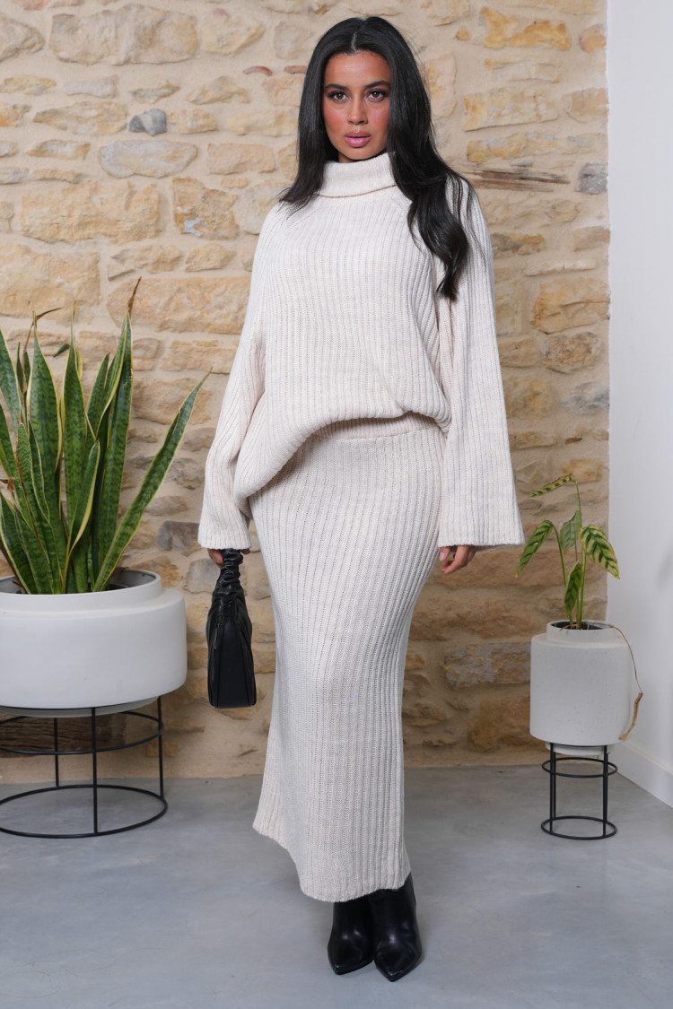 Ensemble 2 pièces pull + jupe en maille beige