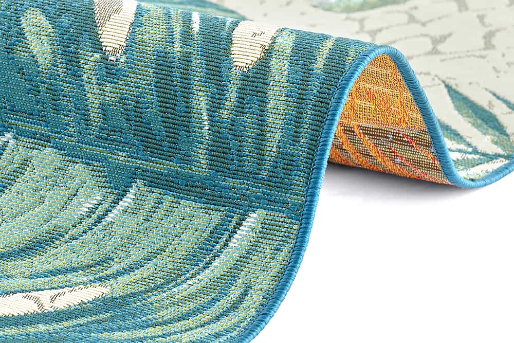 In- und Outdoor Teppich LEAF 175x120cm türkis weiß Blätter-Design Läufer wetterfest
