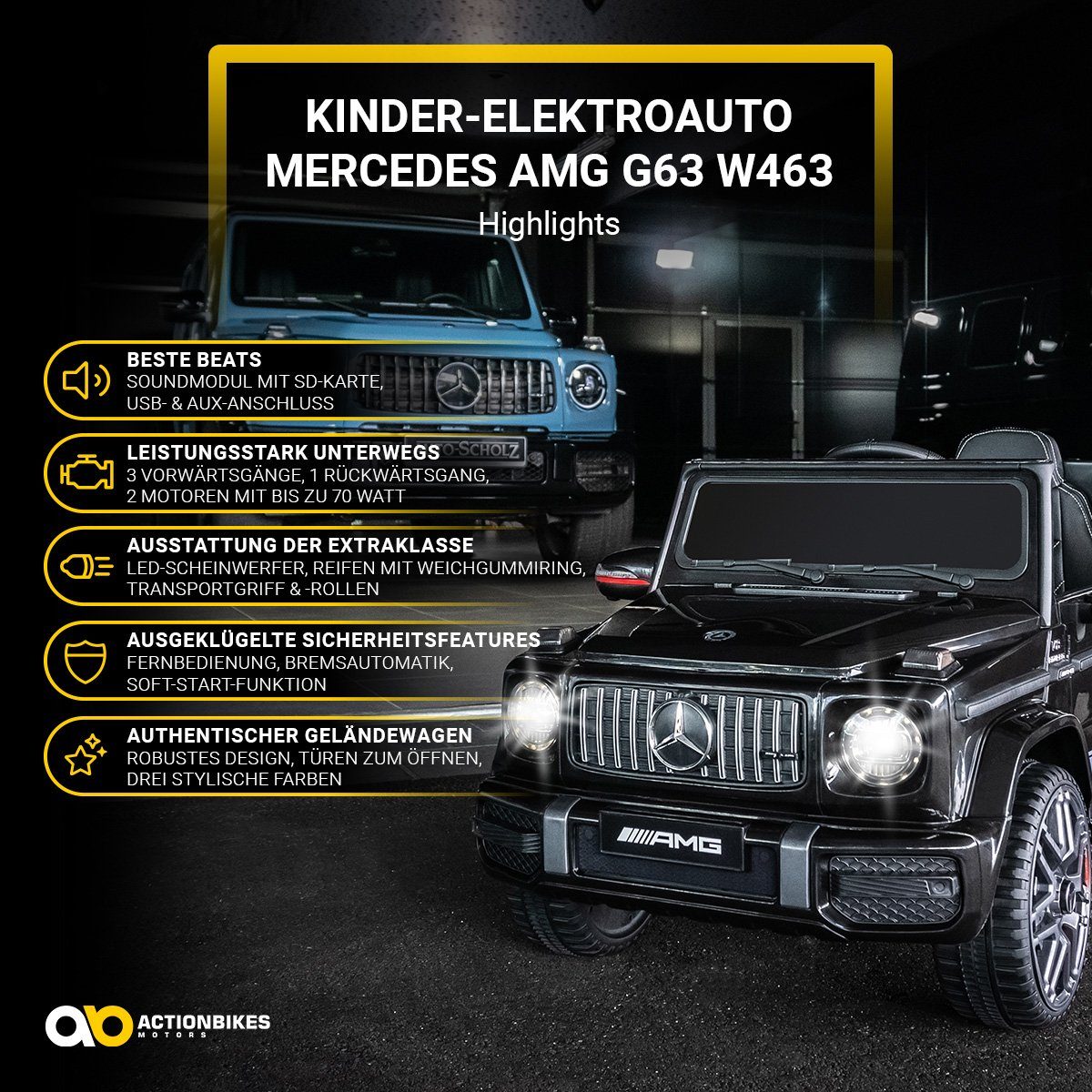 Actionbikes Motors Elektro-Kinderauto Mercedes Benz AMG G63 - Kinder Elektro Auto ab 3 Jahre, Belastbarkeit 35 kg, (2-tlg), Soft-Start - Sto&szlig;d&auml;mpfer
