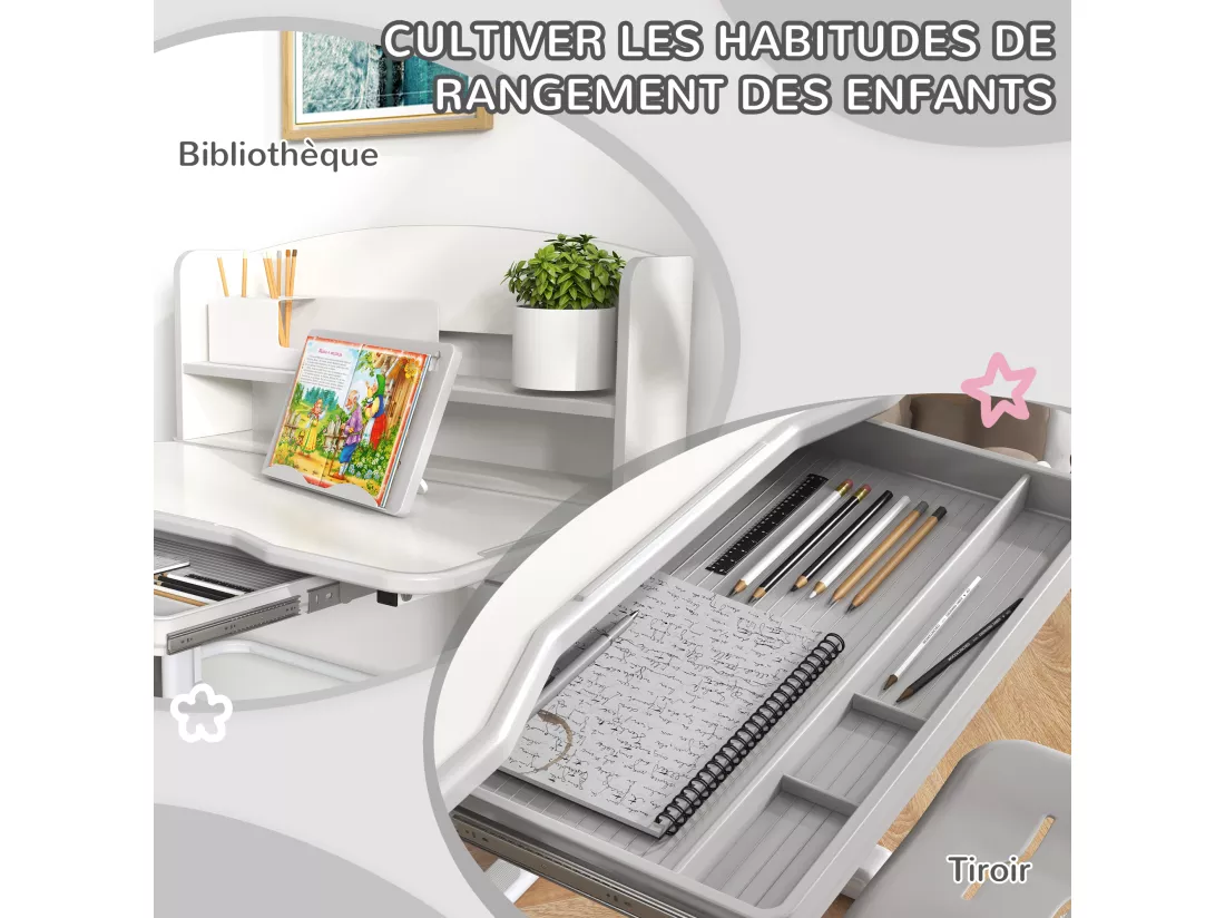 Bureau enfant avec chaise - ensemble bureau et chaise réglable - support lecture, tablette, étagère - gris blanc