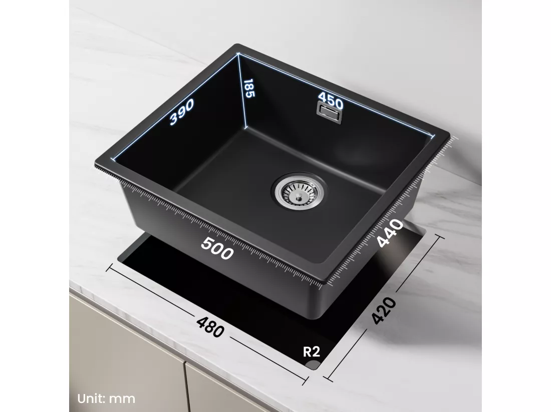 CECIPA MAX Evier 1 Bac en Quartz et Résine Noir Gris 50*44*20cm + Mitigeur de Cuisine à Ressort Noir avec Douchette Extractible