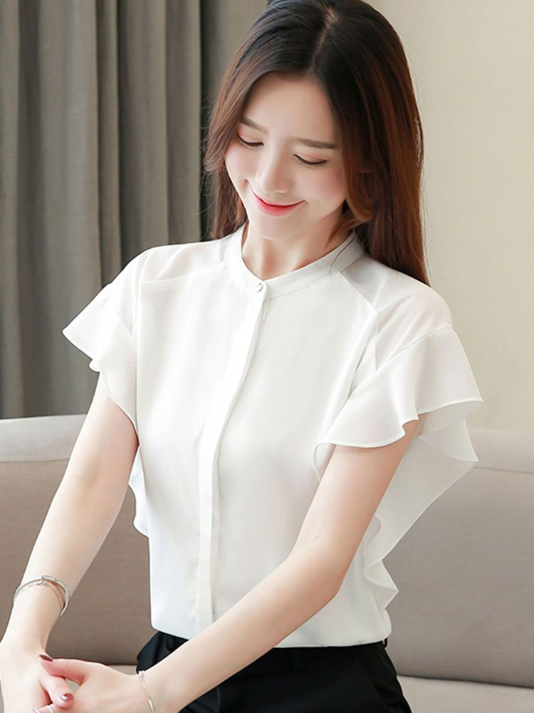Dragan Pulse - Flutter Sleeve Band Collar Plain Chiffon Shirt