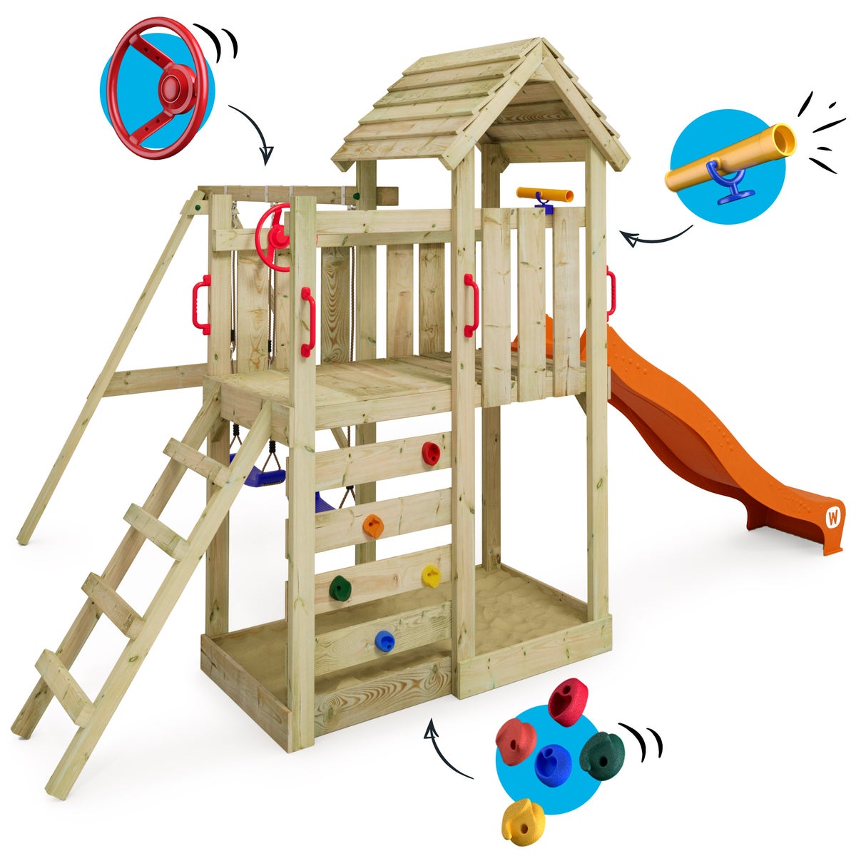 WICKEY MultiFlyer Houten Dak Klimrek met Schommel en Glijbaan, Klimtoren met Houten Dak, Zandbak, Ladder en Speelaccessoires - Oranje
