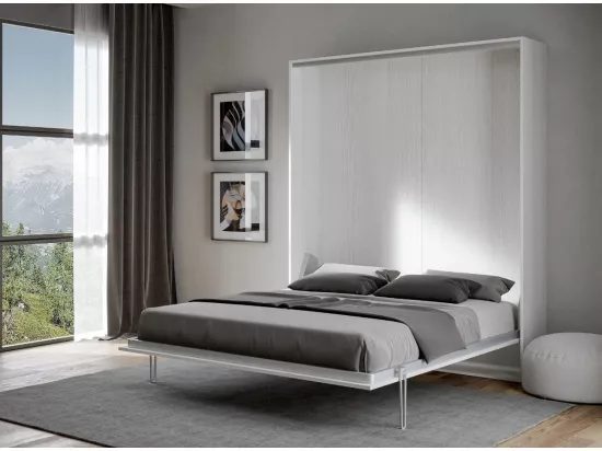 Lit escamotable vertical frêne blanc et porte verte kanto 160x190