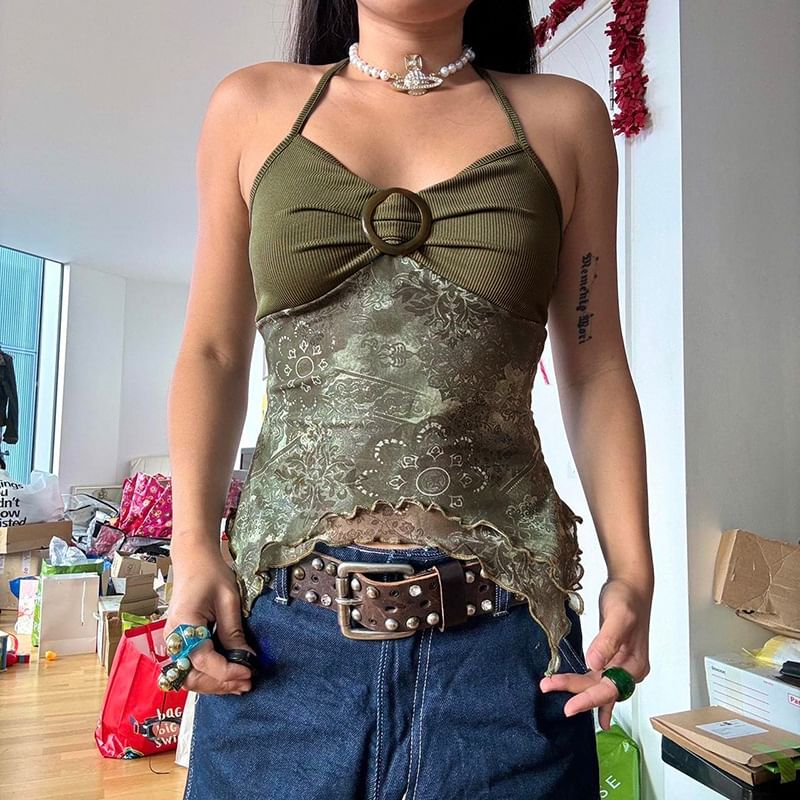 Honet - Haltertop met metalen ringpatroonprint, open rug en crop top