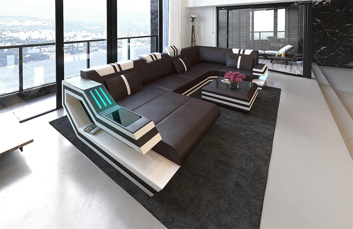Wohnlandschaft Ravenna Sofa U Form Ledersofa - mit LED Beleuchtung, verstellbare Kopfstützen, Recamiere/Lederfarben wählbar/Ausrichtung wählbar (Ottomane Links, Braun-Weiß)