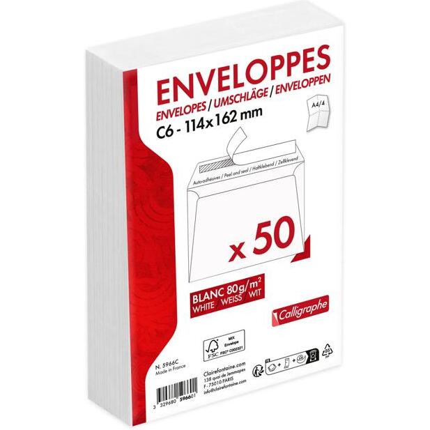 Enveloppe Clairefontaine 80 g/m2 sans fenêtre blanche avec bande de protection - Paquet de 50
