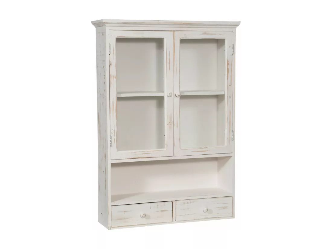 Caisson de cuisine 56x79x16 cm - 2 Tiroirs - 2 Portes Vitrées - Blanc Antique - SHABBY CHARME - 1 meuble haut - Vitrine murale pour salle de bain et salon