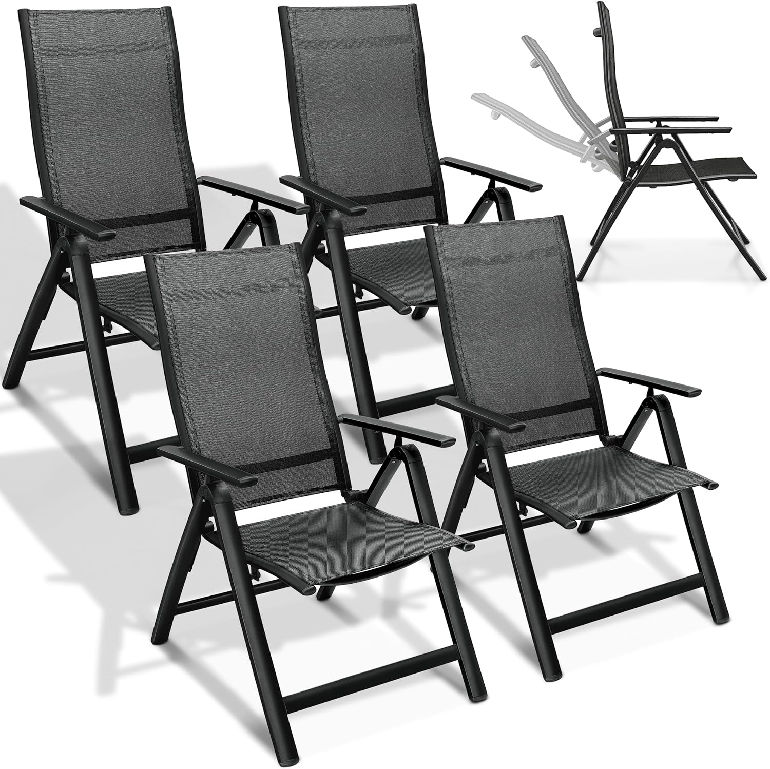 tillvex Gartenstuhl Premium 4er Set klappbar aus Aluminium | Hochlehner mit Armlehnen | Klappstuhl verstellbar | Klappsessel Balkon Garten Terrasse (Schwarz)