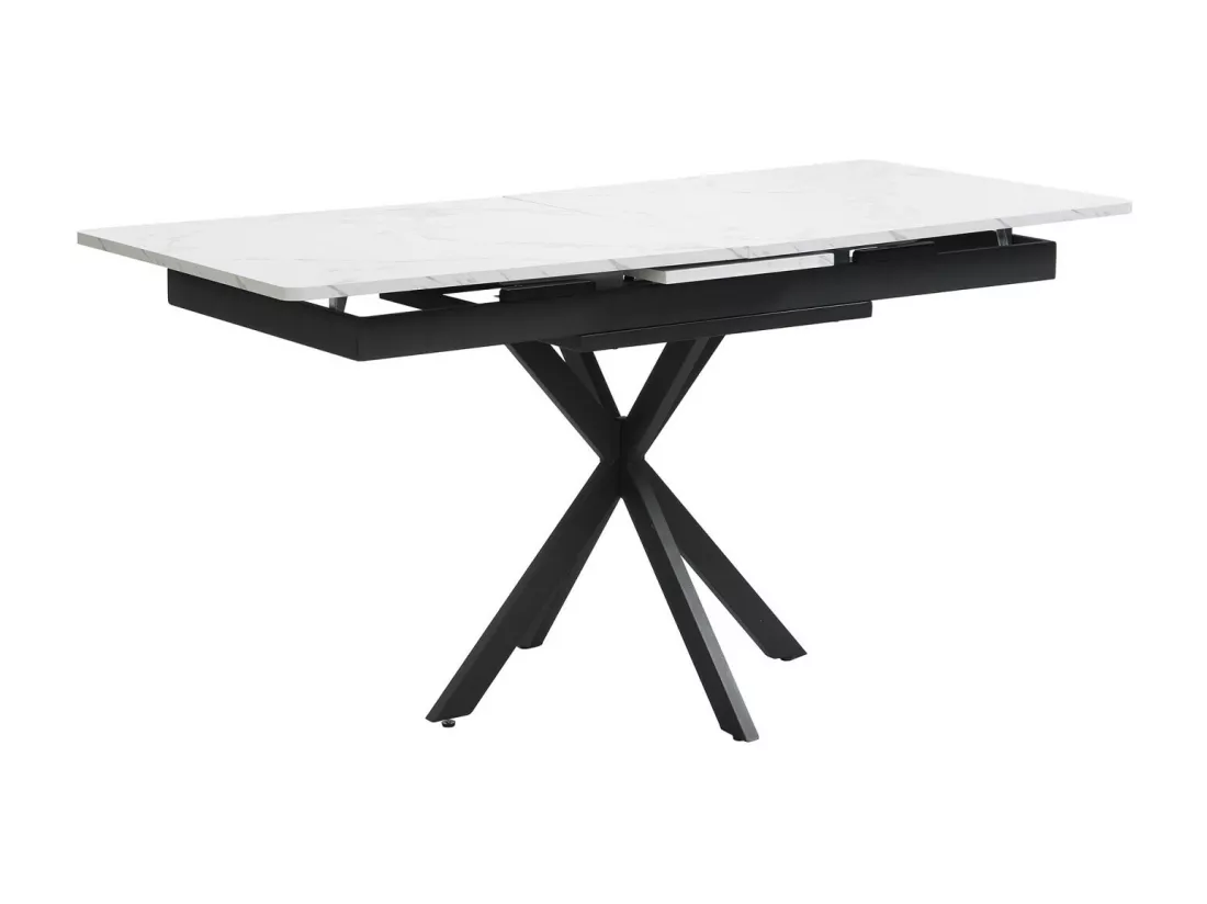 Table à manger extensible 150/180cm - 4 à 8 personnes - Effet marbre blanc en MDF et pieds noir en métal