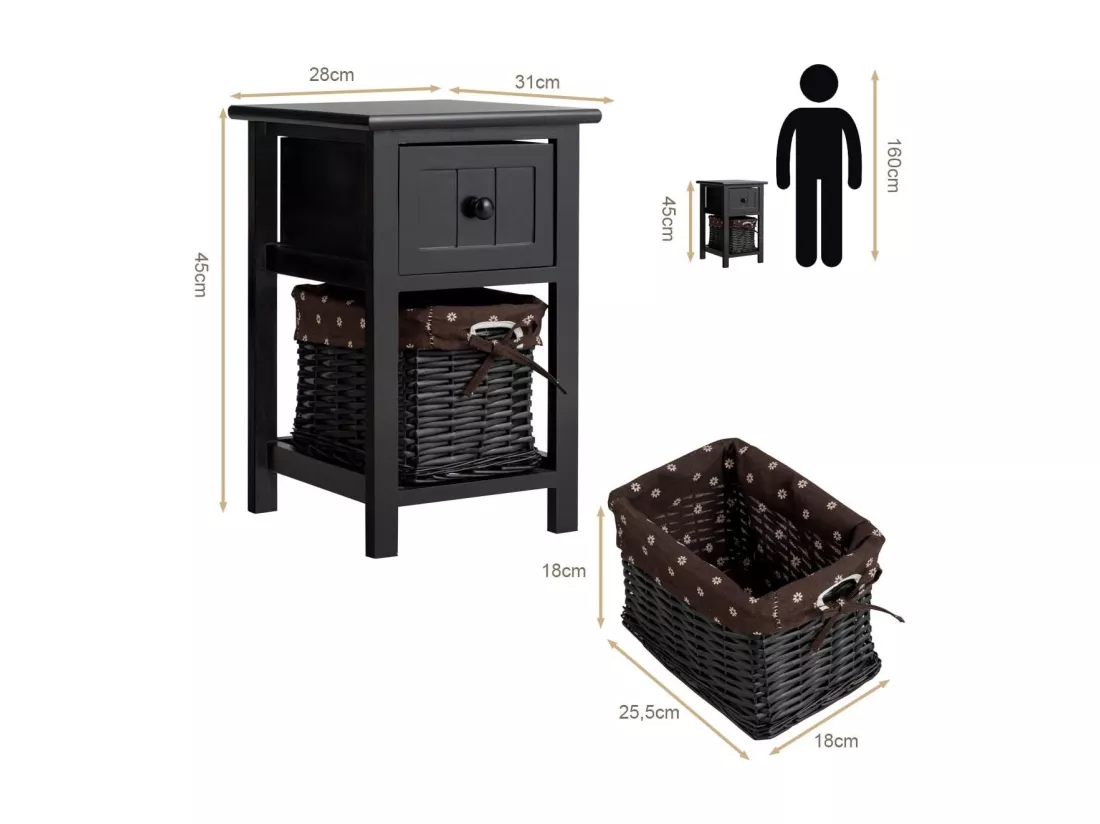 Table de Chevet Lot de 2, Table de Nuit 1 Tiroir avec 1 Panier pour Chambre, Salon, 28 x 31 x 45 cm (Noir)