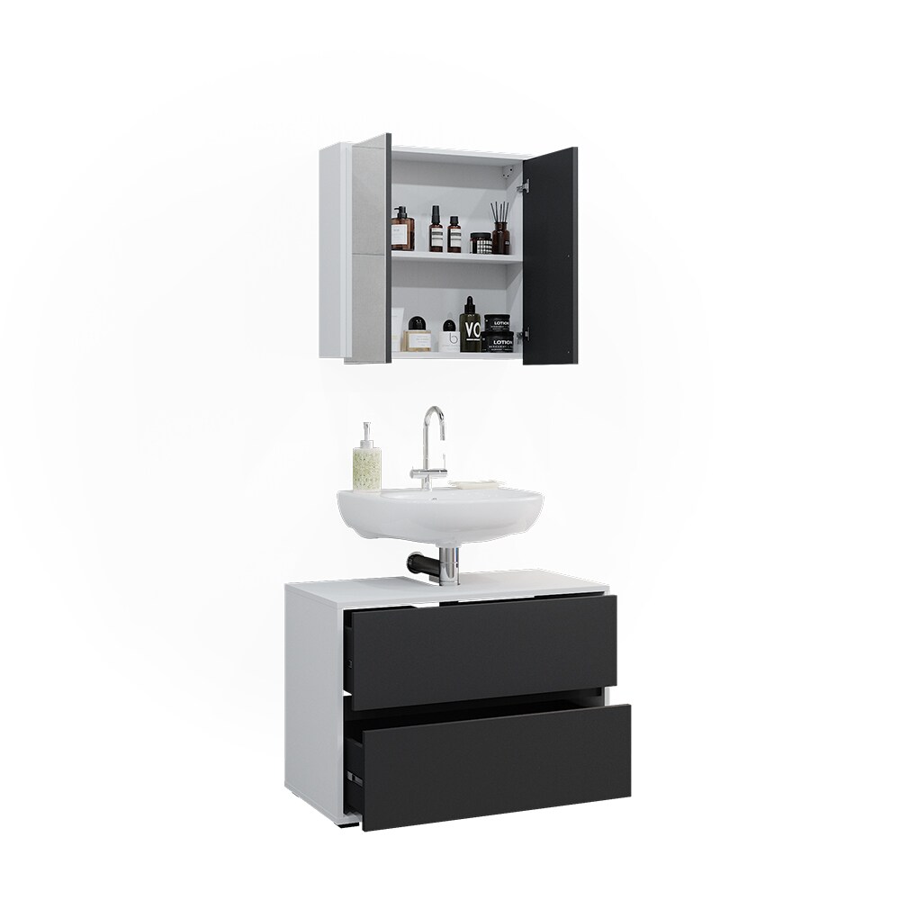 Badmöbel-Set Maltin Weiß Anthrazit modern Waschtischunterschrank Spiegelschrank
