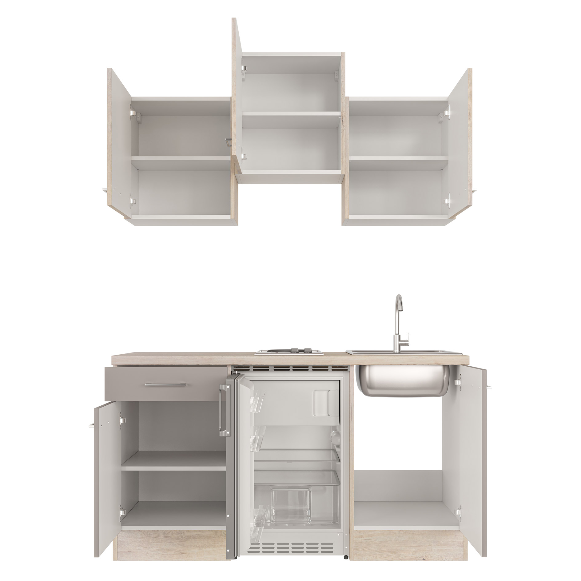 Küchenblock RIVA - Quarz Cubanit - San Remo Eiche hell - mit E-Geräten - 150 cm