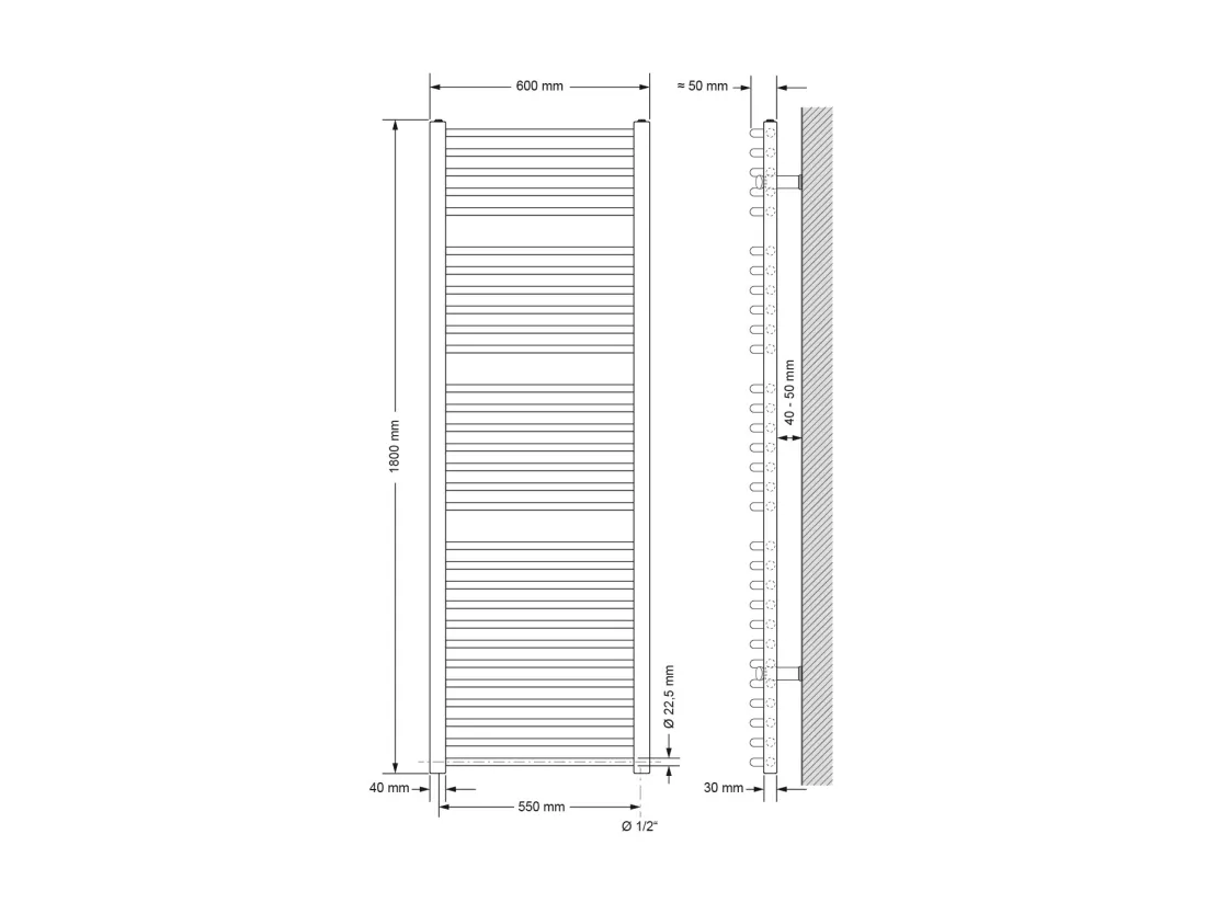 Radiateur de salle de bain Sahara Raccord latéral sèche-serviettes Blanc 60x180cm