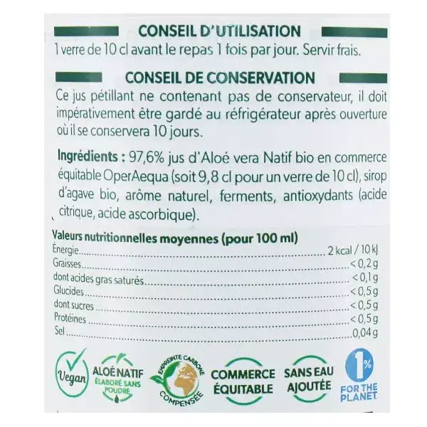 Suco gaseificado orgânico de aloe vera Pur'Biotic 250ml