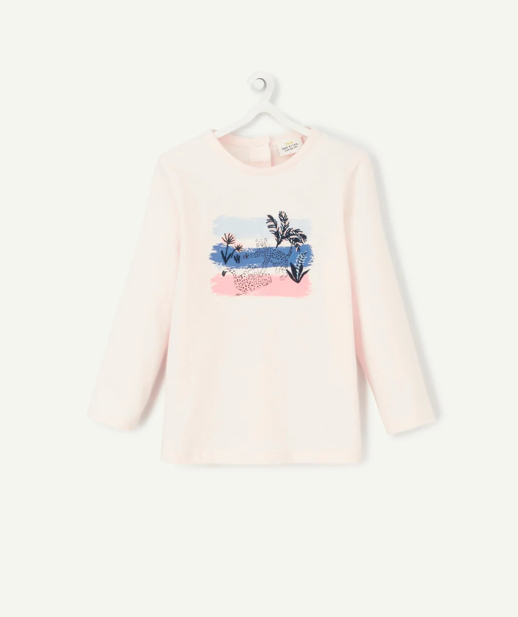 T-SHIRT BÉBÉ FILLE ROSE PÂLE EN COTON BIO AVEC MOTIF JAGUAR