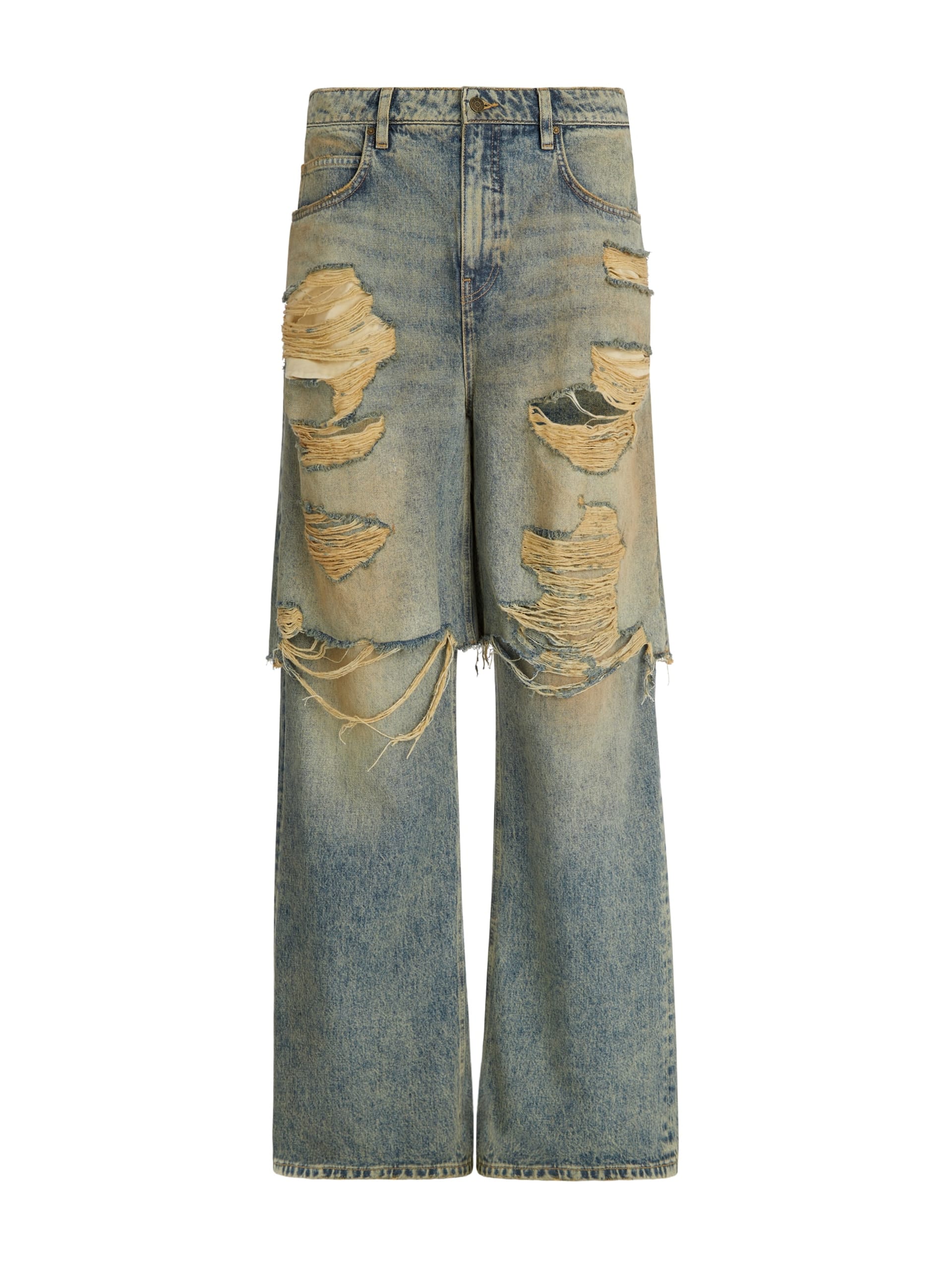 calça jeans destroyed em camadas