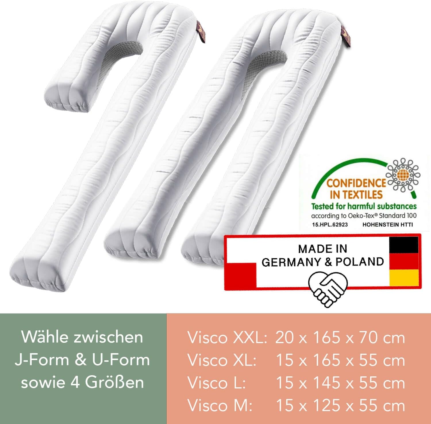 Traumreiter Seitenschläferkissen Visco XXL Professional mit Bezug Grau Deluxe, Hybrid Wendekissen + 1cm Memory Foam, U Form Schwangerschaftskissen Body Pillow Komfortkissen, Ergonomie Zertifiziert