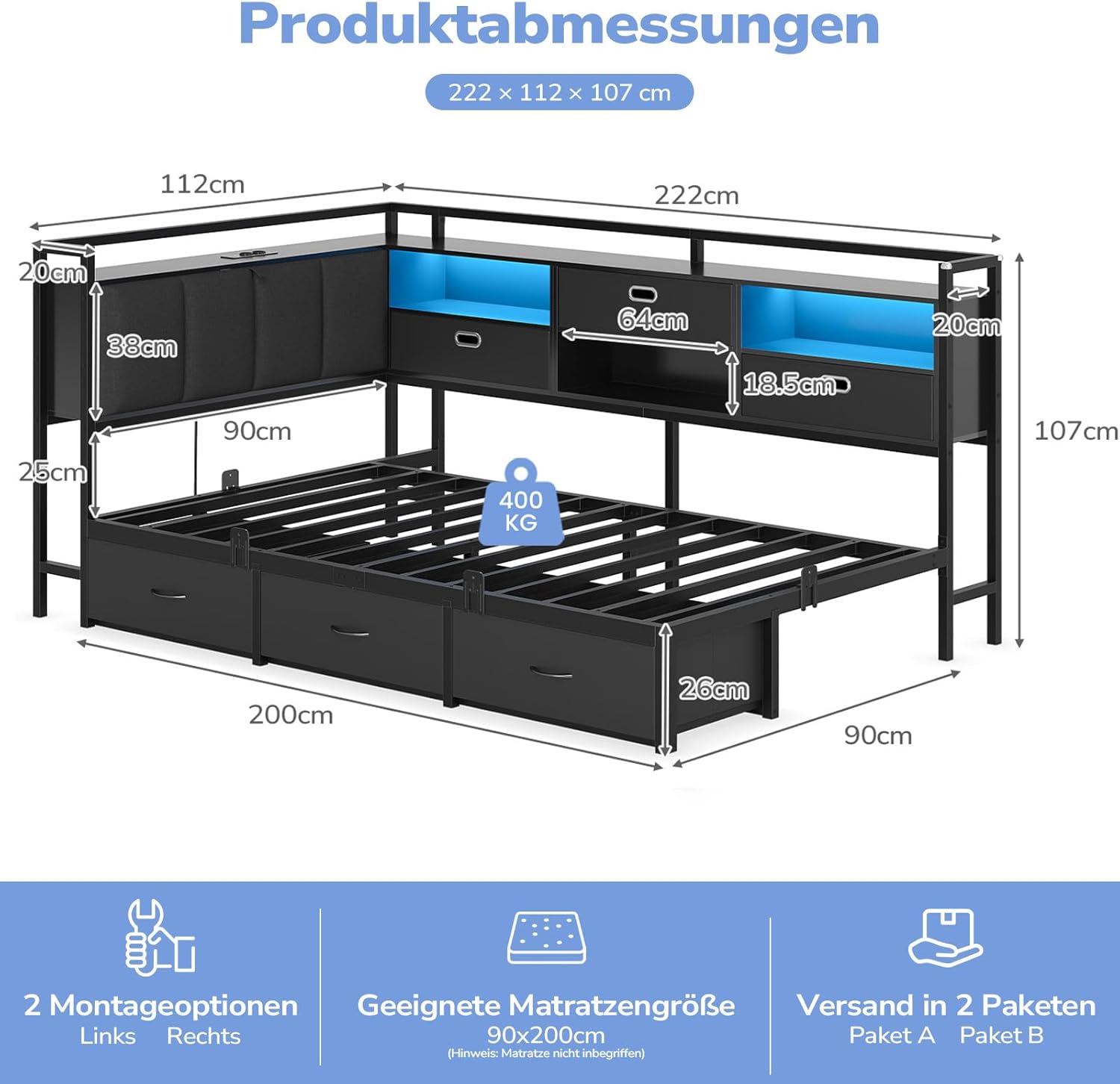 Schlafsofa mit LED-Beleuchtung und Ladestation(2 AC-Steckdosen + 2 USB-Anschlüsse) Jugendbett 90x200 cm mit 6 Schubladen, Tagesbett 90x200 cm, Gepolsterte Rückenlehne mit verstecktem Stauraum