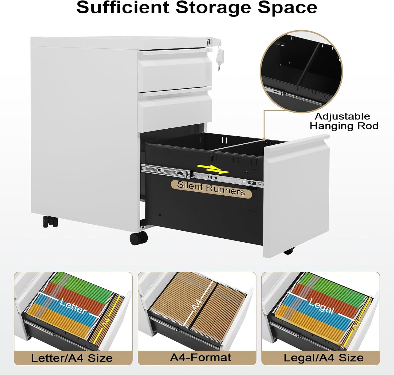 WOLTU Rollcontainer, abschließbarer Aktenschrank, mit 3 Schubladen, Schreibtisch Unterschrank, mit Rollen, 39x62x46 cm, weiß