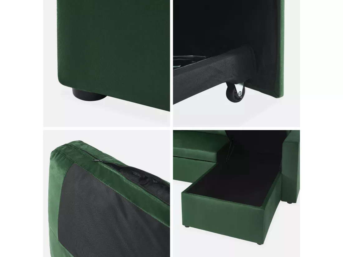 Canapé d'angle convertible en velours vert anglais 3 places. fauteuil d'angle réversible coffre rangement lit modulable
