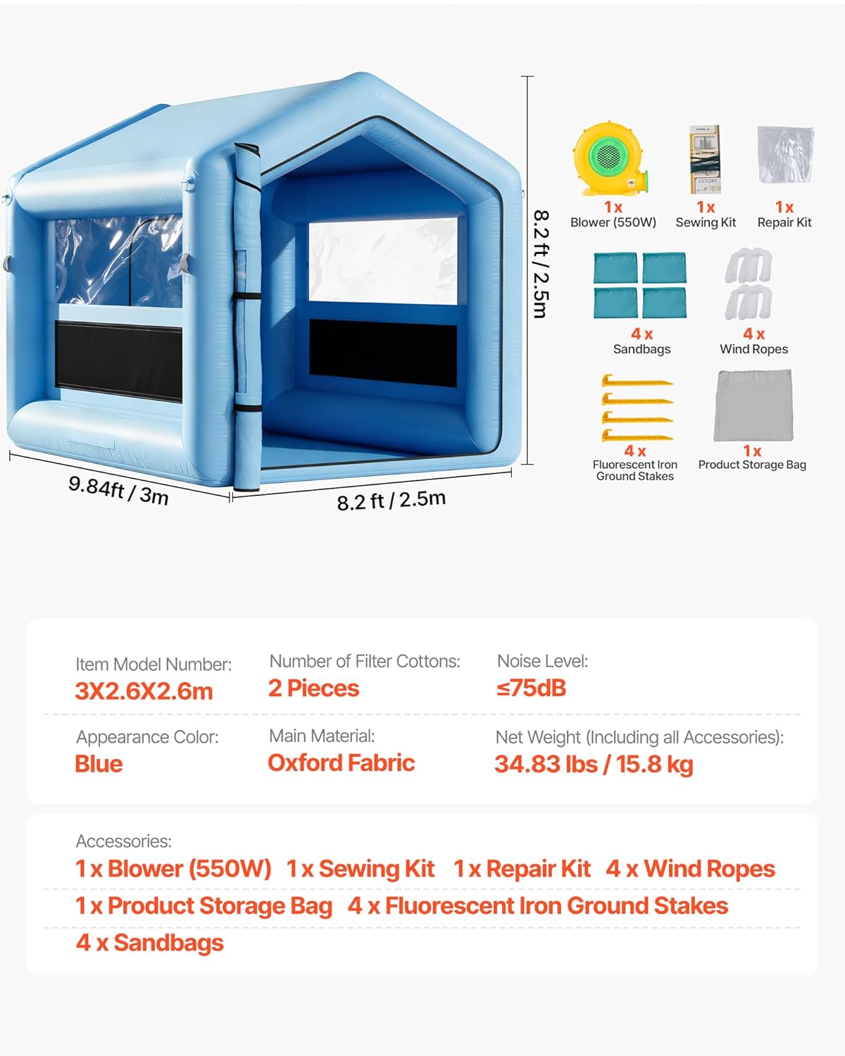 VEVOR aufblasbare Lackierkabine Spritzkabine 3 x 2,5 x 2,5 m, Lackierkabinenzelt mit 550 W Gebläse & Luftfiltersystem & klarem Fenster, Dreieckdach, 210D Oxford-Gewebe, Spritzlackierung Blau