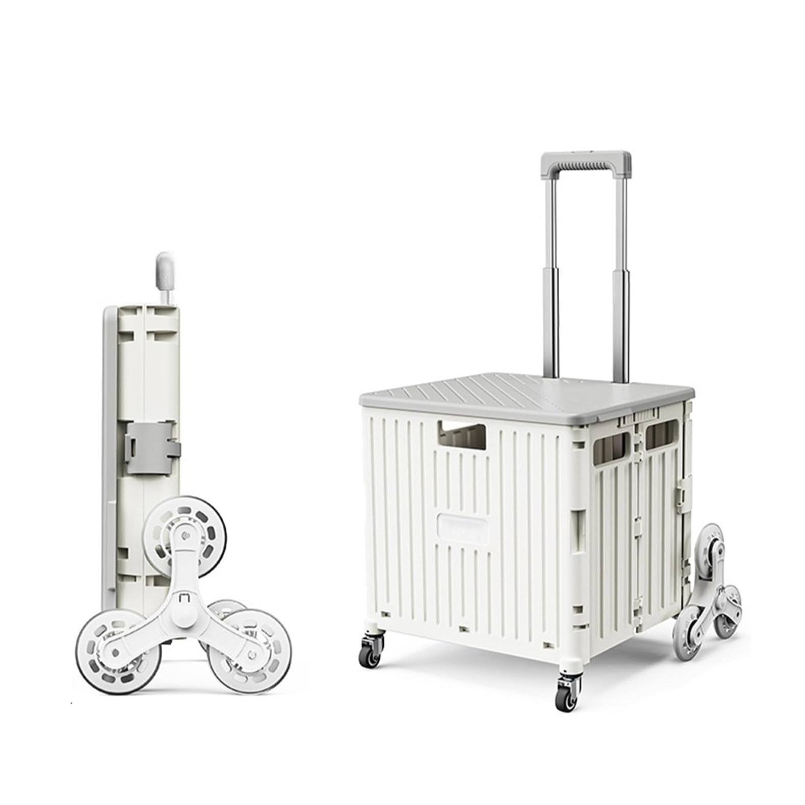 (42x37cm) Klappbarer Einkaufs Trolley Treppenwagen Transportbox Shopping Kiste Umzugswagen mit Rädern / Teleskop Griff - Weiss