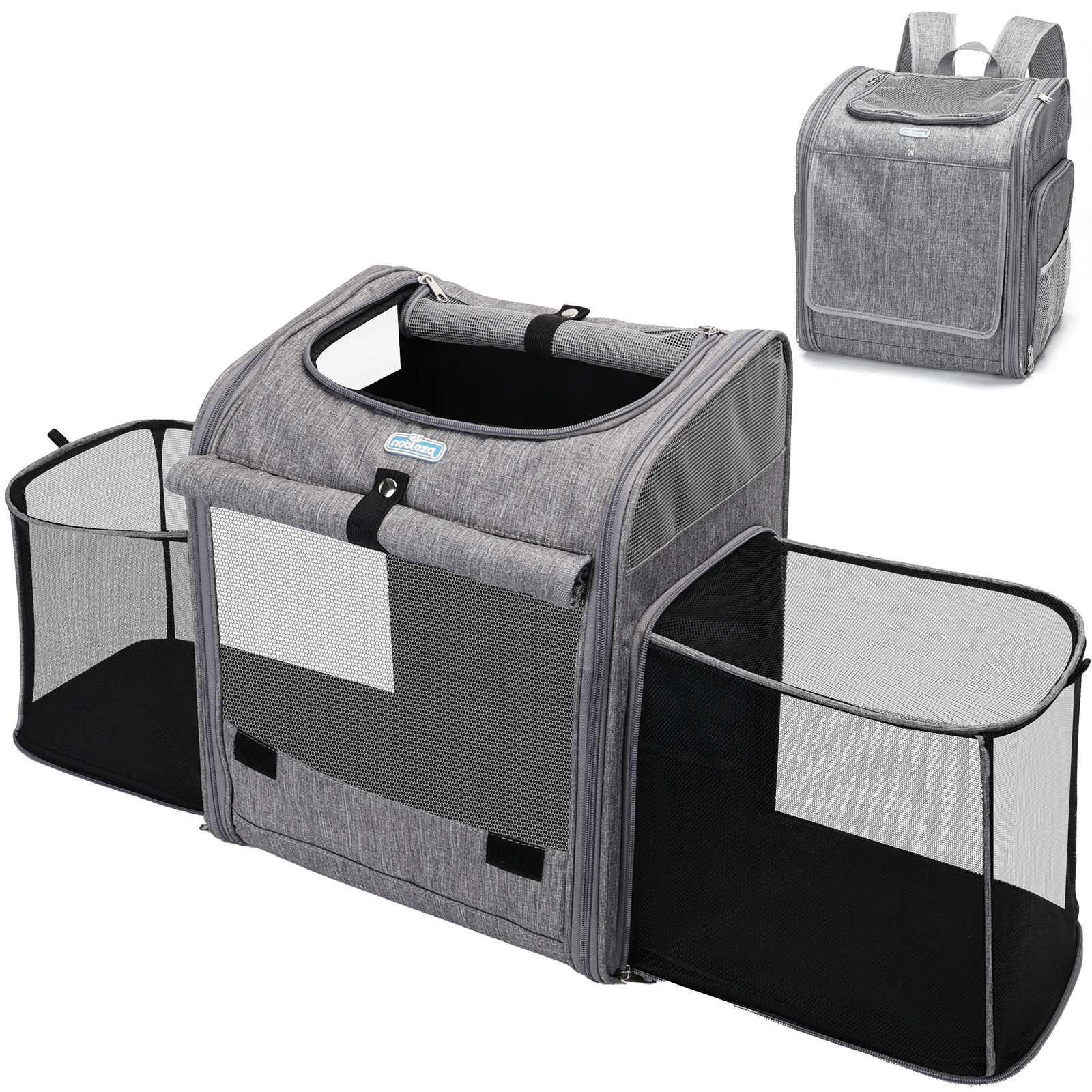 Mochila para transporte de animais de estimação Nobleza, expansível e dobrável, com janela de malha, ideal para cães de pequeno porte com arnês interno, capacidade máxima de carga de 10 kg, cinza.