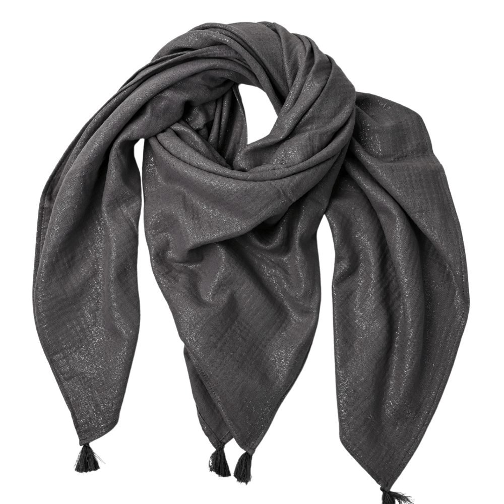Foulard Pompon Gaze Pailletée Gris Anthracite